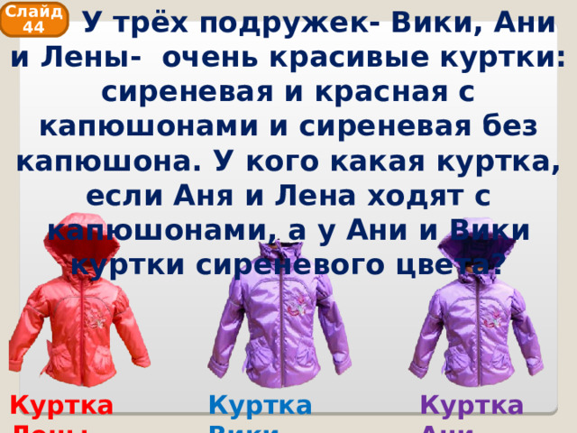  У трёх подружек- Вики, Ани и Лены- очень красивые куртки: сиреневая и красная с капюшонами и сиреневая без капюшона. У кого какая куртка, если Аня и Лена ходят с капюшонами, а у Ани и Вики куртки сиреневого цвета? Слайд 44 Куртка Ани Куртка Вики Куртка Лены 