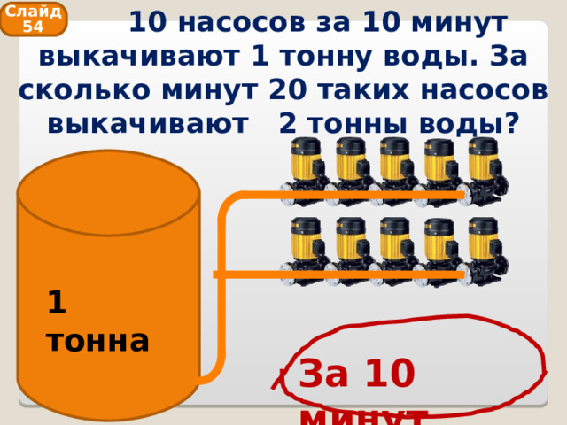 10 насосов за 10 минут выкачивают 1 тонну воды. За сколько минут 20 таких насосов выкачивают 2 тонны воды? Слайд 54 1 тонна За 10 минут 
