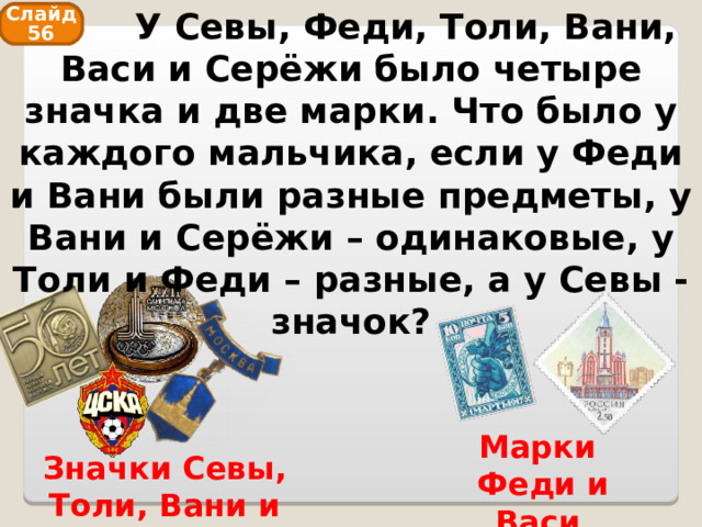  У Севы, Феди, Толи, Вани, Васи и Серёжи было четыре значка и две марки. Что было у каждого мальчика, если у Феди и Вани были разные предметы, у Вани и Серёжи – одинаковые, у Толи и Феди – разные, а у Севы - значок? Слайд 56 Марки Феди и Васи Значки Севы, Толи, Вани и Сережи 