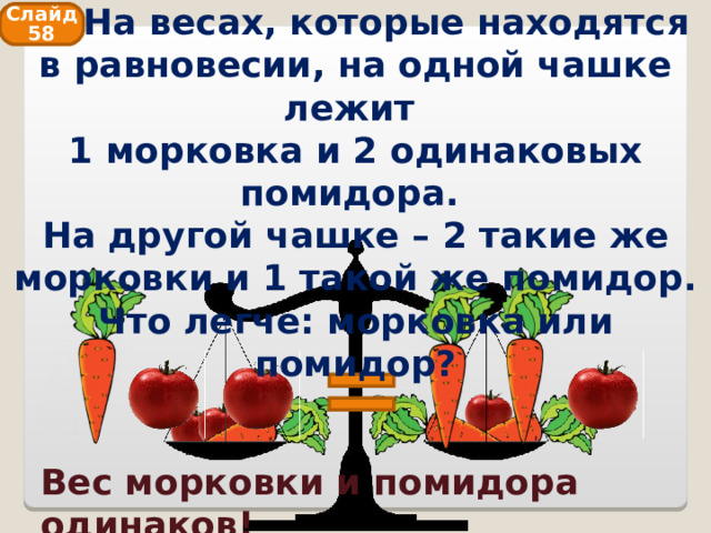  На весах, которые находятся в равновесии, на одной чашке лежит  1 морковка и 2 одинаковых помидора.  На другой чашке – 2 такие же морковки и 1 такой же помидор. Что легче: морковка или помидор? Слайд 58 Вес морковки и помидора одинаков! 