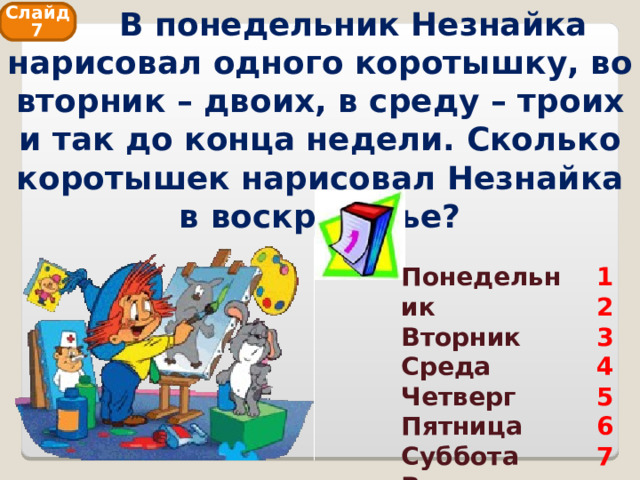  В понедельник Незнайка нарисовал одного коротышку, во вторник – двоих, в среду – троих и так до конца недели. Сколько коротышек нарисовал Незнайка в воскресенье? Слайд 7 Понедельник Вторник Среда Четверг Пятница Суббота Воскресенье 1 2 3 4 5 6 7 