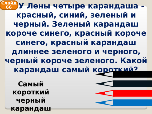  У Лены четыре карандаша - красный, синий, зеленый и черный. Зеленый карандаш короче синего, красный короче синего, красный карандаш длиннее зеленого и черного, черный короче зеленого. Какой карандаш самый короткий? Слайд 66 Самый короткий черный карандаш 