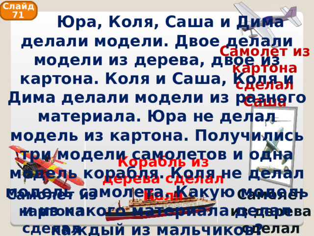 Слайд 71  Юра, Коля, Саша и Дима делали модели. Двое делали модели из дерева, двое из картона. Коля и Саша, Коля и Дима делали модели из разного материала. Юра не делал модель из картона. Получились три модели самолетов и одна модель корабля. Коля не делал модель самолета. Какую модель и из какого материала делал каждый из мальчиков? Самолет из картона сделал Саша Корабль из дерева сделал Коля Самолет из дерева сделал Юра Самолет из картона сделал Дима 