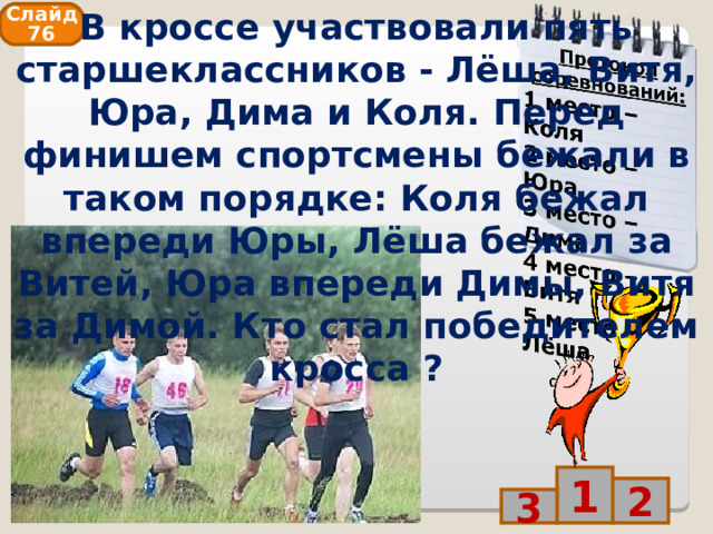 В кроссе участвовали пять старшеклассников - Лёша, Витя, Юра, Дима и Коля. Перед финишем спортсмены бежали в таком порядке: Коля бежал впереди Юры, Лёша бежал за Витей, Юра впереди Димы, Витя за Димой. Кто стал победителем кросса ? Слайд 76 1 2 3 