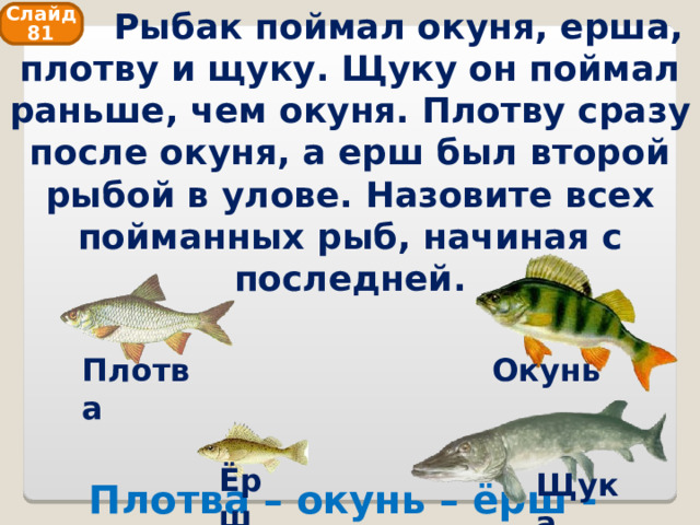  Рыбак поймал окуня, ерша, плотву и щуку. Щуку он поймал раньше, чем окуня. Плотву сразу после окуня, а ерш был второй рыбой в улове. Назовите всех пойманных рыб, начиная с последней. Слайд 81 Плотва Окунь Ёрш Щука Плотва – окунь – ёрш - щука 