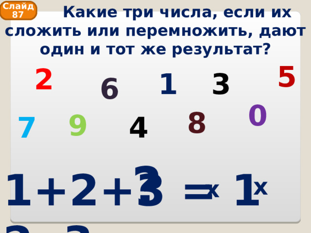  Какие три числа, если их сложить или перемножить, дают один и тот же результат? Слайд 87 5 2 1 3 6 0 8 9 7 4 ? 1+2+3 = 1 2 3 х х 