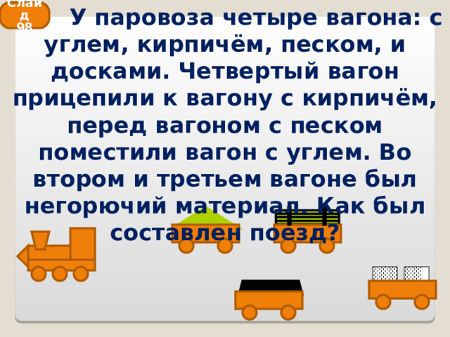  У паровоза четыре вагона: с углем, кирпичём, песком, и досками. Четвертый вагон прицепили к вагону с кирпичём, перед вагоном с песком поместили вагон с углем. Во втором и третьем вагоне был негорючий материал. Как был составлен поезд? Слайд 98 