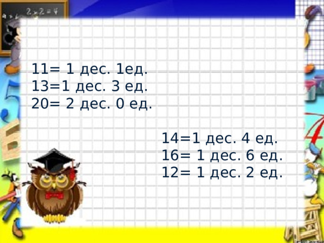 11= 1 дес. 1ед. 13=1 дес. 3 ед. 20= 2 дес. 0 ед. 14=1 дес. 4 ед. 16= 1 дес. 6 ед. 12= 1 дес. 2 ед. . 