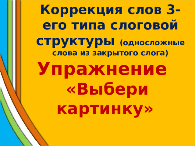 Коррекция слов 3-его типа слоговой структуры (односложные слова из закрытого слога) Упражнение  «Выбери картинку» 