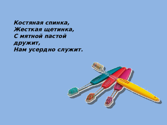 Костяная спинка,  Жесткая щетинка,  С мятной пастой дружит,  Нам усердно служит.  