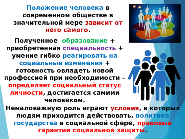 Положение человека в современном обществе в значительной мере зависит от него самого . Полученное образование + приобретенная специальность + умение гибко реагировать на социальные изменения + готовность овладеть новой профессией при необходимости – определяет социальный статус личности , достигается самими человеком. Немаловажную роль играют условия , в которых людям приходится действовать, политика государства в социальной сфере, правовые гарантии социальной защиты . 