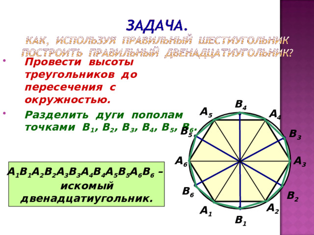 Провести высоты треугольников до пересечения с окружностью. Разделить дуги пополам точками В 1 , В 2 , В 3 , В 4 , В 5 , В 6 . В 4 А 5 А 4 В 5 В 3 А 3 А 6 А 1 В 1 А 2 В 2 А 3 В 3 А 4 В 4 А 5 В 5 А 6 В 6 – искомый двенадцатиугольник. В 6 В 2 А 2 А 1 В 1 