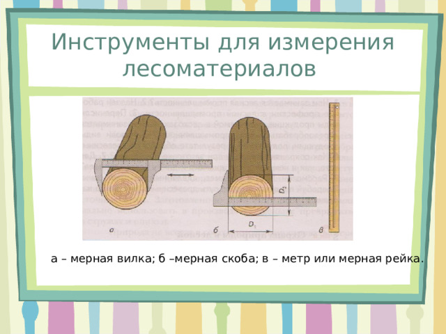 Инструменты для измерения лесоматериалов а – мерная вилка; б –мерная скоба; в – метр или мерная рейка. 