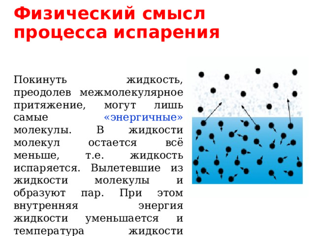 Физический смысл процесса испарения Покинуть жидкость, преодолев межмолекулярное притяжение, могут лишь самые «энергичные» молекулы. В жидкости молекул остается всё меньше, т.е. жидкость испаряется. Вылетевшие из жидкости молекулы и образуют пар. При этом внутренняя энергия жидкости уменьшается и температура жидкости понижается. 