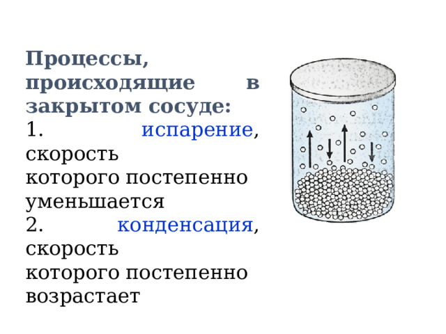  Процессы, происходящие в закрытом сосуде: 1. испарение , скорость которого постепенно уменьшается 2. конденсация , скорость которого постепенно возрастает 