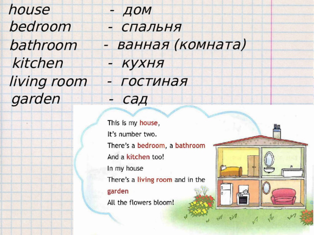house - дом - спальня bedroom - ванная (комната) bathroom - кухня kitchen - гостиная living room garden - сад 