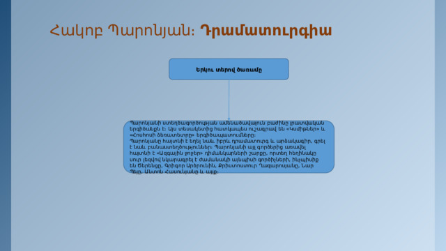 Հակոբ Պարոնյան։ Դրամատուրգիա   Երկու տերով ծառամը Պարոնյանի ստեղծագործության ամենածավալուն բաժինը լրատվական երգիծանքն է։ Այս տեսակետից հատկապես ուշագրավ են «Կսմիթներ» և «Հոսհոսի ձեռատետրը» երգիծապատումները։ Պարոնյանը հայտնի է եղել նաև իբրև դրամատուրգ և արձակագիր, գրել է նաև բանաստեղծություններ։ Պարոնյանի այլ գործերից առավել հայտնի է «Ազգային ջոջեր» դիմանկարների շարքը, որտեղ հեղինակը սուր լեզվով նկարագրել է ժամանակի այնպիսի գործիչների, ինչպիսիք են Ծերենցը, Գրիգոր Արծրունին, Քրիստոստուր Ղազարոսյանը, Նար Պեյը, Անտոն Հասունյանը և այլք։ 