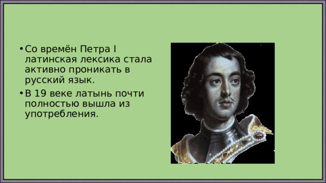 Со времён Петра I латинская лексика стала активно проникать в русский язык. В 19 веке латынь почти полностью вышла из употребления. 