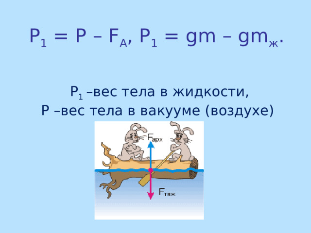 P 1 = P – F А , P 1 = gm – gm ж .     P 1 – вес тела в жидкости,  Р –вес тела в вакууме ( воздухе )          