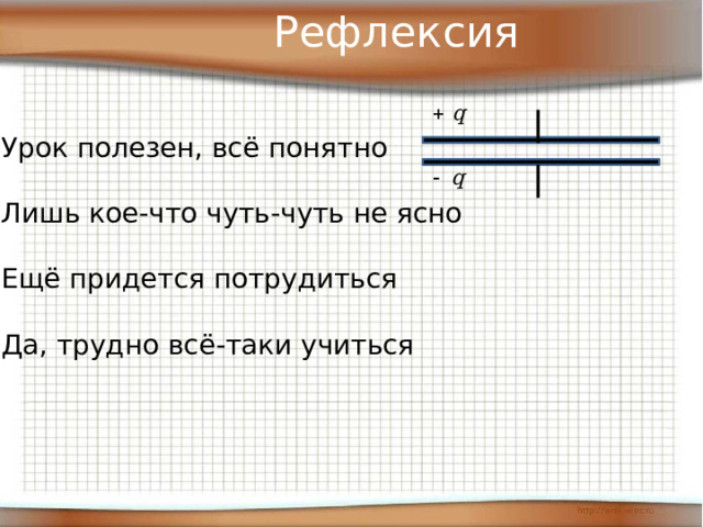 Рефлексия Урок полезен, всё понятно Лишь кое-что чуть-чуть не ясно Ещё придется потрудиться Да, трудно всё-таки учиться 