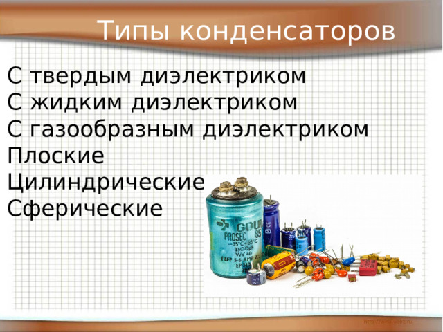 Типы конденсаторов С твердым диэлектриком С жидким диэлектриком С газообразным диэлектриком Плоские Цилиндрические Сферические 