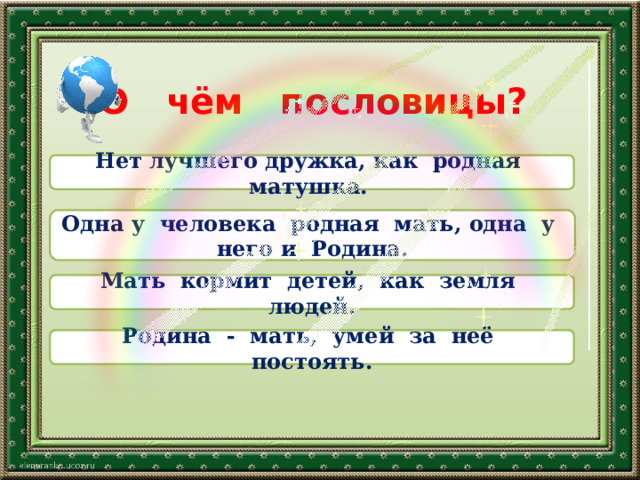 О чём пословицы? Нет лучшего дружка, как родная матушка.  Одна у человека родная мать, одна у него и Родина. Мать кормит детей, как земля людей. Родина - мать, умей за неё постоять. 