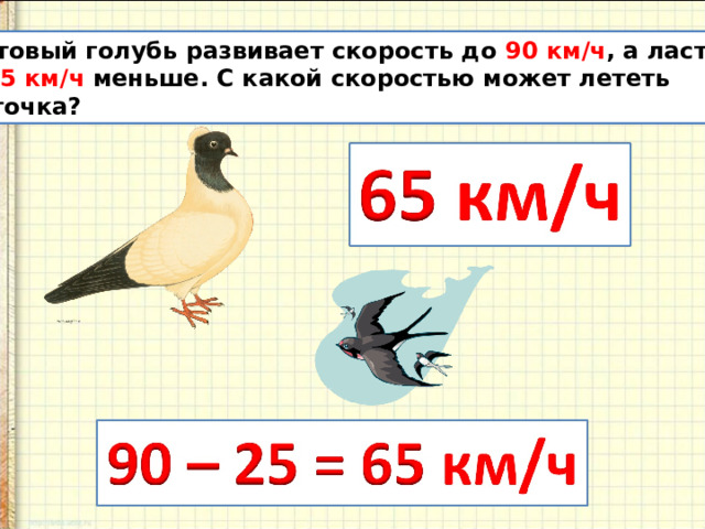 Почтовый голубь развивает скорость до 90 км / ч , а ласточка на 25 км / ч меньше. С какой скоростью может лететь ласточка? 