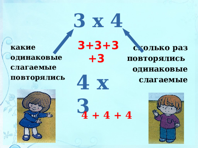  3 х 4 3+3+3+3 сколько раз  повторялись какие одинаковые одинаковые слагаемые слагаемые  повторялись  4 х 3  4 + 4 + 4 