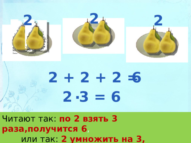 2 2 2 2 + 2 + 2 = 6 . 2 3 = 6 Читают так: по 2 взять 3 раза,получится 6 ,  или так: 2 умножить на 3, получится 6.  