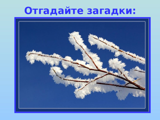 Отгадайте загадки: И не снег, и не лёд, А серебром деревья уберёт. 