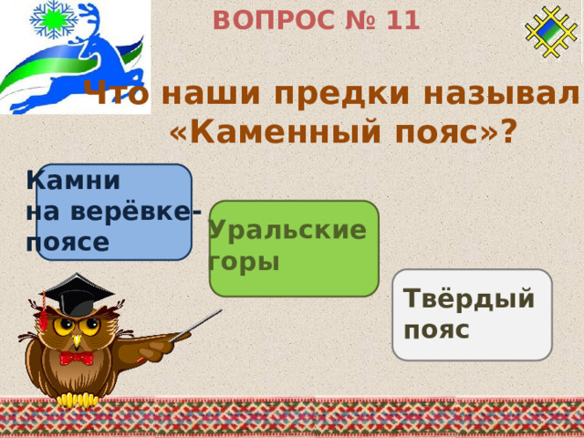 ВОПРОС № 11 Что наши предки называли «Каменный пояс»? Камни на верёвке- поясе Уральские горы Твёрдый пояс 