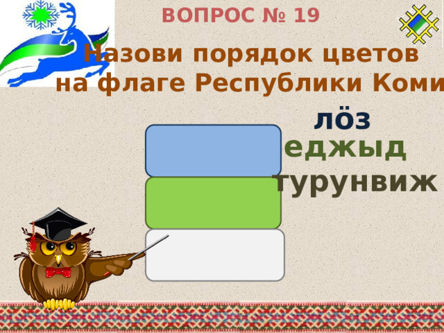 ВОПРОС № 19 Назови порядок цветов на флаге Республики Коми. лӧз еджыд турунвиж 