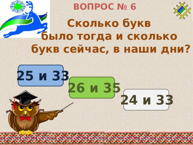 ВОПРОС № 6 Сколько букв было тогда и сколько букв сейчас, в наши дни? 25 и 33 26 и 35 24 и 33 