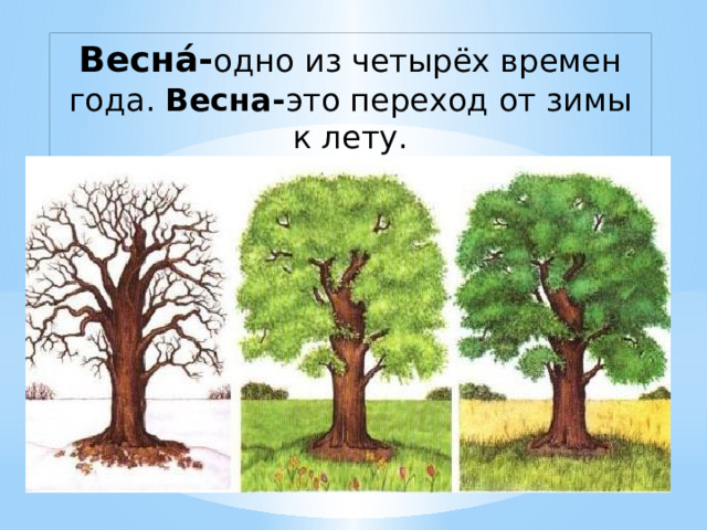 Весна́- одно из четырёх времен года. Весна- это переход от зимы к лету. 