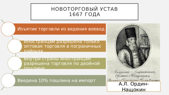 Новоторговый устав  1667 года Изъятие торговли из ведения воевод Иностранцам разрешена только оптовая торговля в пограничных районах Внутри страны иностранцам разрешена торговля по двойной пошлине Введена 10% пошлина на импорт А.Л. Ордин-Нащокин 