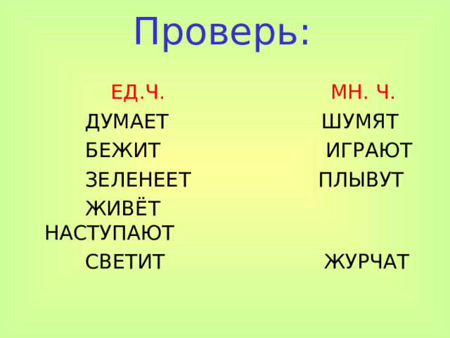 Проверь:    ЕД.Ч. МН. Ч.  ДУМАЕТ ШУМЯТ  БЕЖИТ ИГРАЮТ  ЗЕЛЕНЕЕТ ПЛЫВУТ  ЖИВЁТ НАСТУПАЮТ  СВЕТИТ ЖУРЧАТ  