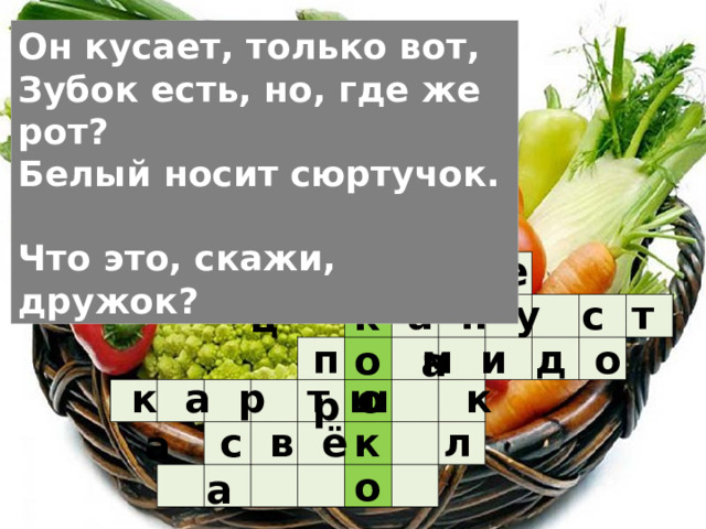 Он кусает, только вот,  Зубок есть, но, где же рот?  Белый носит сюртучок.  Что это, скажи, дружок? у к л                                                                                                                                    о г р е ц у  а п у с т а к  п м и д о р о  к а р т о к а ш  с в ё л а к о 