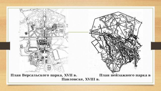 План Версальского парка, XVII в. План пейзажного парка в Павловске, XVIII в. 