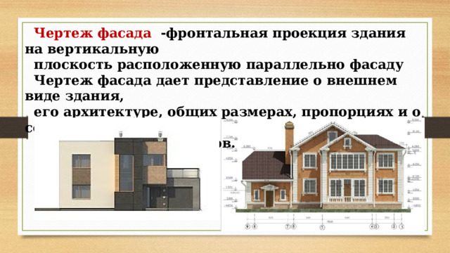  Чертеж фасада -фронтальная проекция здания на вертикальную  плоскость расположенную параллельно фасаду  Чертеж фасада дает представление о внешнем виде здания,  его архитектуре, общих размерах, пропорциях и о соотношении  его отдельных элементов.  