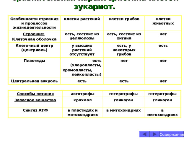 Сравнительная характеристика клеток эукариот. Особенности строения и процессов жизнедеятельности клетки растений Строение:  Клеточная оболочка клетки грибов  есть, состоит из целлюлозы Клеточный центр (центриоль) Пластиды  клетки животных есть, состоит из хитина у высших растений отсутствует Центральная вакуоль нет есть, у некоторых грибов есть (хлоропласты, хромопласты, лейкопласты) есть нет есть нет есть нет Способы питания автотрофы Запасное вещество Синтез АТФ гетеротрофы крахмал гетеротрофы гликоген в пластидах и митохондриях гликоген в митохондриях в митохондриях Содержание 