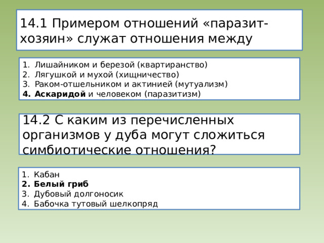 14.1 Примером отношений «паразит-хозяин» служат отношения между Лишайником и березой (квартиранство) Лягушкой и мухой (хищничество) Раком-отшельником и актинией (мутуализм) Аскаридой и человеком (паразитизм) 14.2 С каким из перечисленных организмов у дуба могут сложиться симбиотические отношения? Кабан Белый гриб Дубовый долгоносик Бабочка тутовый шелкопряд 