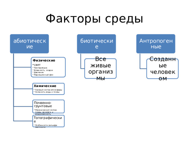 Факторы среды Антропогенные абиотические биотические Физические свет Температура Влажность, осадки Давление Радиационный фон свет Температура Влажность, осадки Давление Радиационный фон Все живые организмы Созданные человеком Химические Газовый состав атмосферы Соленость воды и почвы Газовый состав атмосферы Соленость воды и почвы Почвенно-грунтовые Механический состав почвы, ее влаго- и воздухоемкость Механический состав почвы, ее влаго- и воздухоемкость Топографические Особенности рельефа местности Особенности рельефа местности 