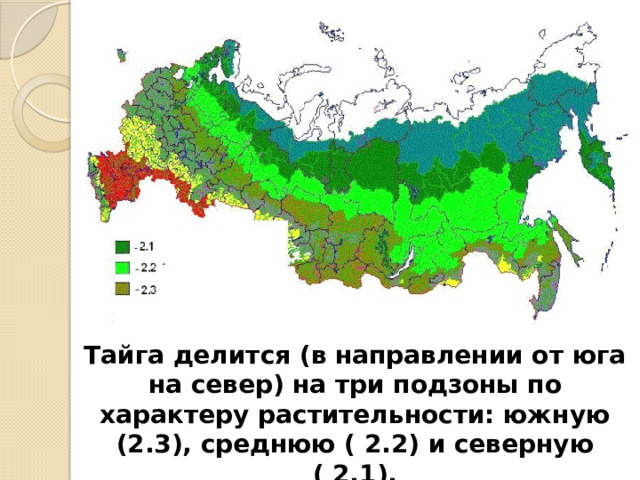 Тайга делится (в направлении от юга на север) на три подзоны по характеру растительности: южную (2.3), среднюю ( 2.2) и северную ( 2.1). 