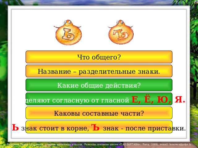 Что общего? Название – разделительные знаки. Какие общие действия? Разделяют согласную от гласной Е, Ё, Ю, Я. Каковы составные части? Ь знак стоит в корне, Ъ  знак - после приставки. 