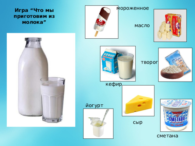 мороженное Игра “Что мы приготовим из молока”   масло творог кефир йогурт сыр сметана 