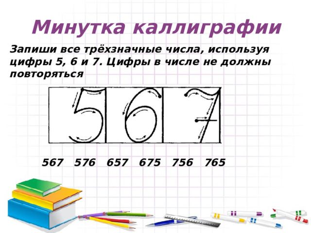 Минутка каллиграфии Запиши все трёхзначные числа, используя цифры 5, 6 и 7. Цифры в числе не должны повторяться 567 576 657 675 756 765 