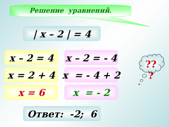 Решение уравнений. | х – 2 |  = 4 х – 2  = 4 х – 2  = - 4 ??? х = 2  + 4 х = - 4 + 2 х = 6 х = - 2 Ответ: -2; 6 