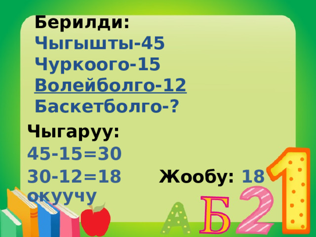 Берилди: Чыгышты-45 Чуркоого-15 Волейболго-12 Баскетболго-? Чыгаруу: 45-15=30 30-12=18 Жообу: 18 окуучу 