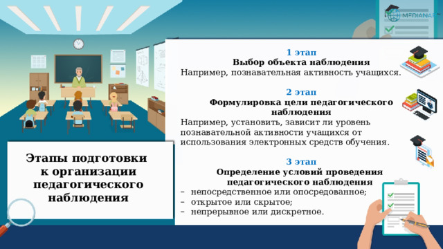 1 этап Выбор объекта наблюдения Например, познавательная активность учащихся. 2 этап Формулировка цели педагогического наблюдения Например, установить, зависит ли уровень познавательной активности учащихся от использования электронных средств обучения.  3 этап Определение условий проведения  педагогического наблюдения непосредственное или опосредованное; открытое или скрытое; непрерывное или дискретное. Этапы подготовки  к организации педагогического наблюдения 