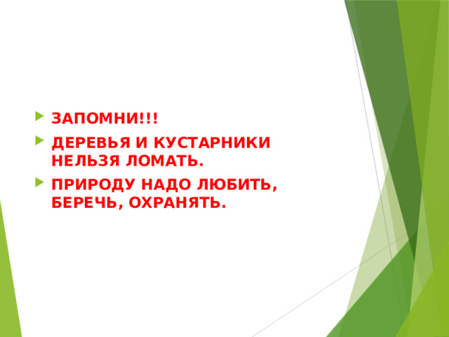ЗАПОМНИ!!! ДЕРЕВЬЯ И КУСТАРНИКИ НЕЛЬЗЯ ЛОМАТЬ. ПРИРОДУ НАДО ЛЮБИТЬ, БЕРЕЧЬ, ОХРАНЯТЬ. 